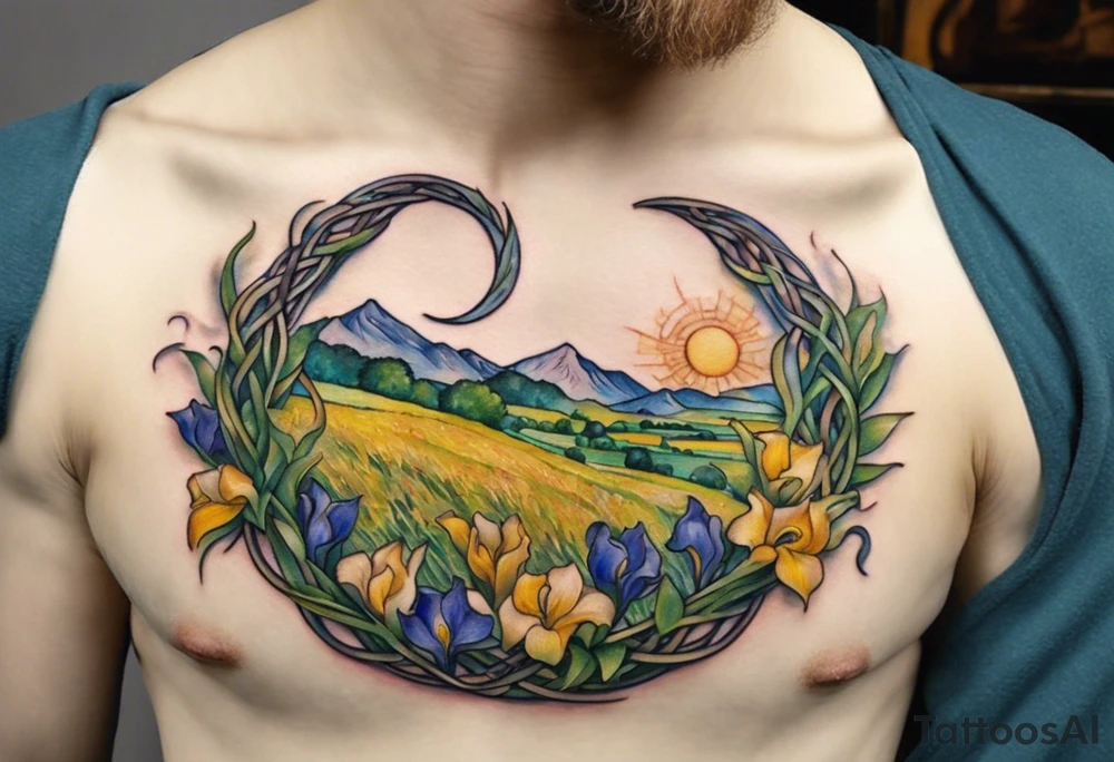 Create a small, colorful Vincent van Gogh Irises tattoo in the form of a crescent, with vines in Celtic knot style gracefully intertwining at a central point in the middle of the wreath. The intended placement is on the upper chest. The middle needs mountains. The overall design should be small in size while maintaining a delicate and artistic aesthetic. Pay attention to the graceful flow of the vines and the placement of the irises to achieve a refined and elegant look. tattoo idea