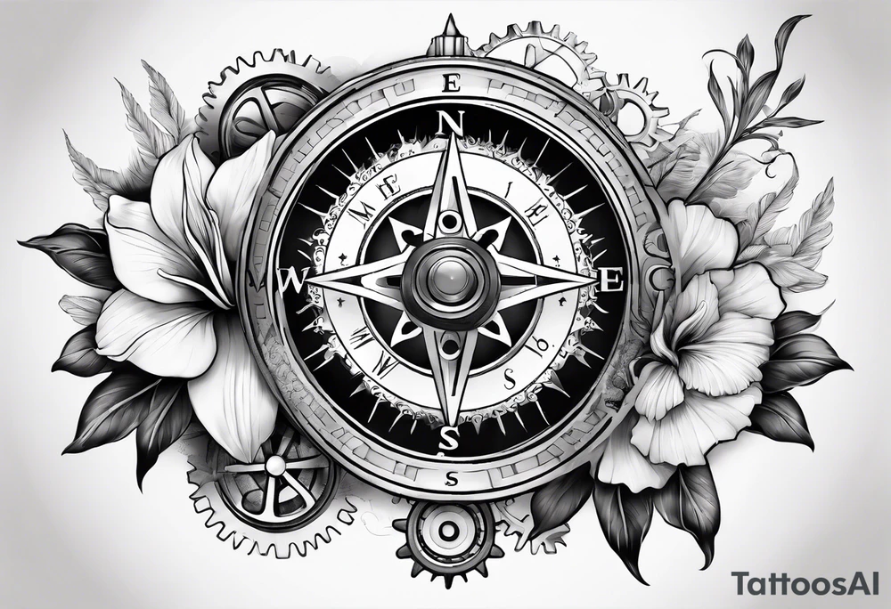 A Vintage compass and gears with gladiolus. tattoo idea