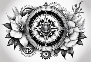 A Vintage compass and gears with gladiolus. tattoo idea
