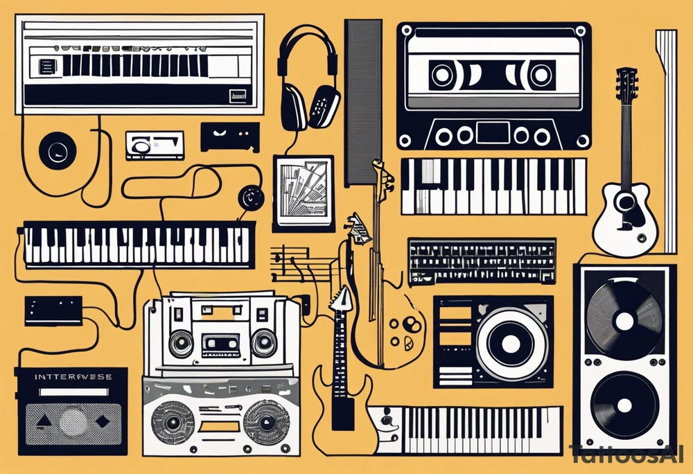 A stylized assembly of various music-related elements. At the center is a cassette tape with realistic details and proportions. It is overlaid with a keyboard, the keys extending outward on one side. There are electric guitars and drums. Intertwined with these are abstract designs, including straight and wavy lines, geometric shapes like triangles, and scientific elements like an atom model. tattoo idea