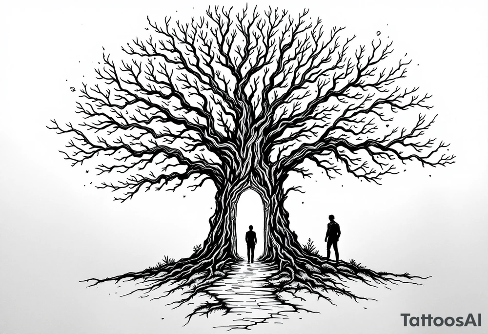 Back tattoo of a big tree with a door and a man walking through the door. On the left draw some fire clouds connecting to the tree, make it a lot. On the right side draw some lines on a treasure map connecting to the tree. Keep the tree in the middle! tattoo idea