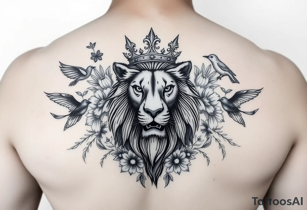 powerful majestic lion with a crown, surrounded by floral ornaments and birds tattoo idea