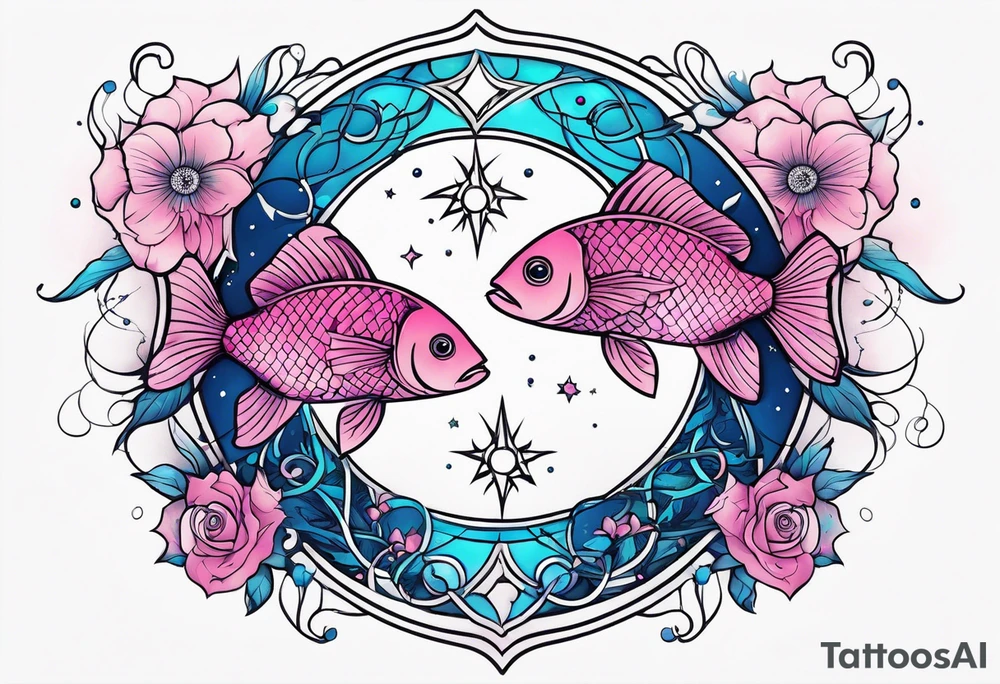 A 1/2 sleeve with 2 pisces fish one pink one blue incorporate sigils and cosmos in background tattoo idea