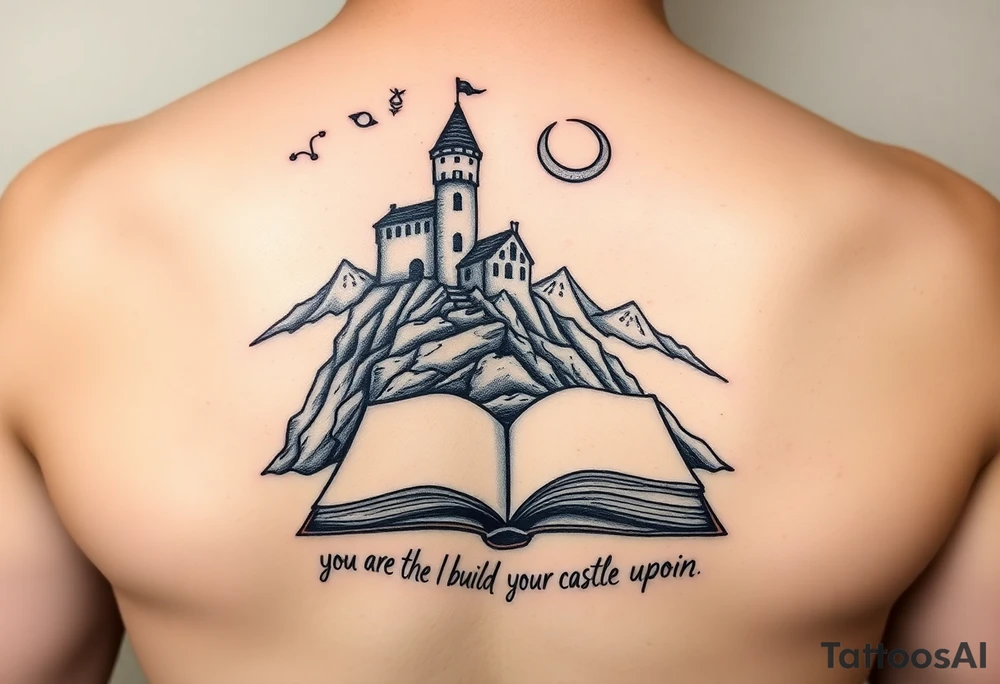A small crumbling castle on a rocky mountain with an open book under the mountain. Above the castle are the 3 constellations aries, Libra and Sagittarius and a crescent moon. Underneath the open book are the words "you are the mountain I build my castle upon" tattoo idea