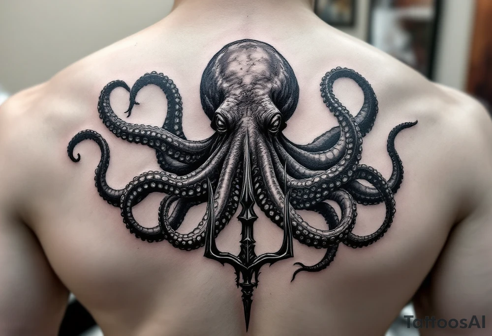 giant octopus around a trident tattoo idea