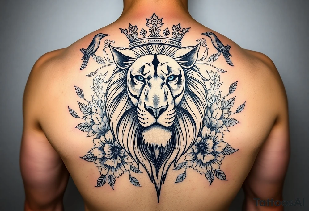 powerful majestic lion with a crown, surrounded by floral ornaments and birds tattoo idea
