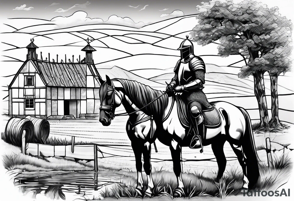 a knight kneeling with an old farm in the background and horses in the netherlands and a swimmingpool and an airfryer tattoo idea