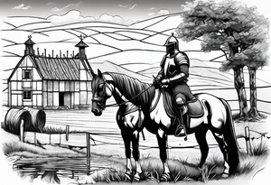 a knight kneeling with an old farm in the background and horses in the netherlands and a swimmingpool and an airfryer tattoo idea