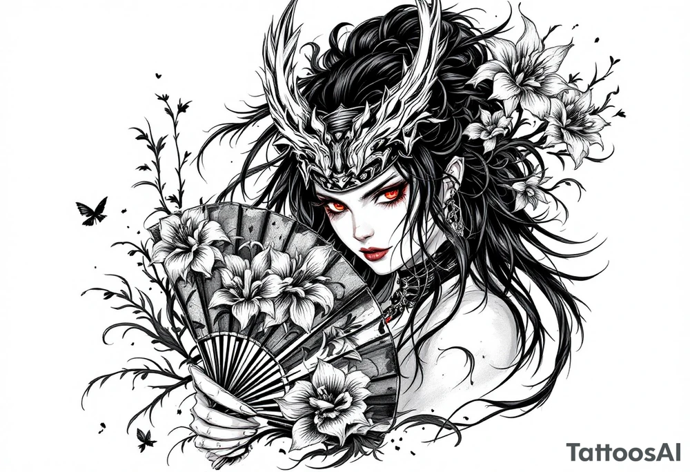 Samurai woman with red eyes wearing an half and broken kitsune mask on her hair and holding an irises flowers hand fan tattoo idea