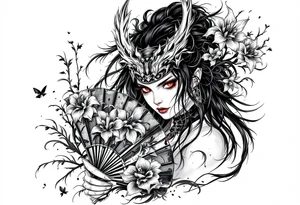 Samurai woman with red eyes wearing an half and broken kitsune mask on her hair and holding an irises flowers hand fan tattoo idea