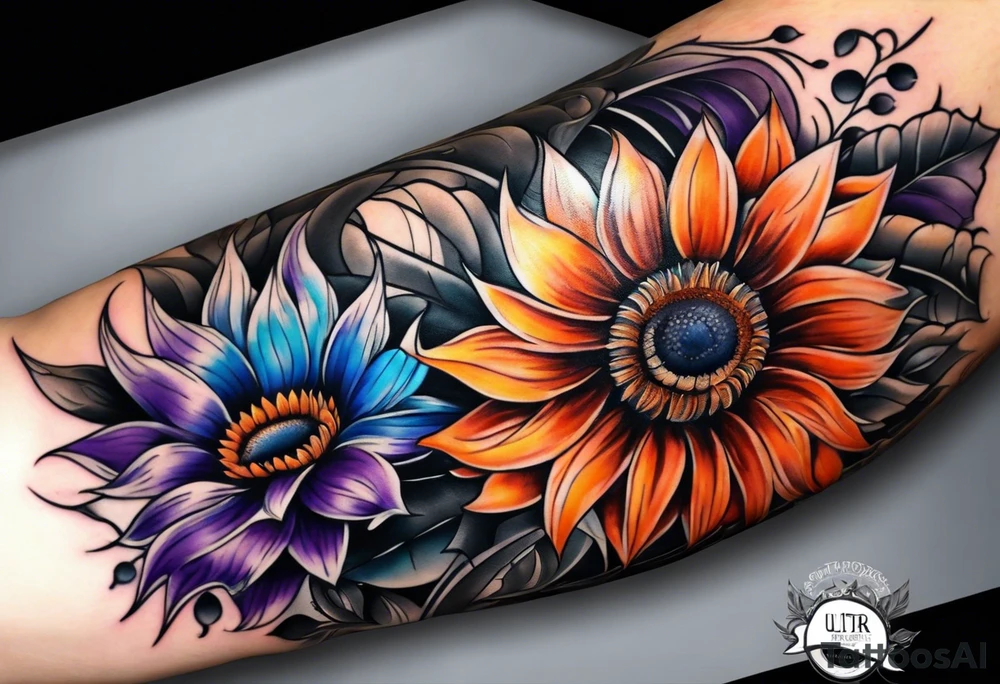 Full arm sleeve with purple, orange and blue sunflowers tattoo idea