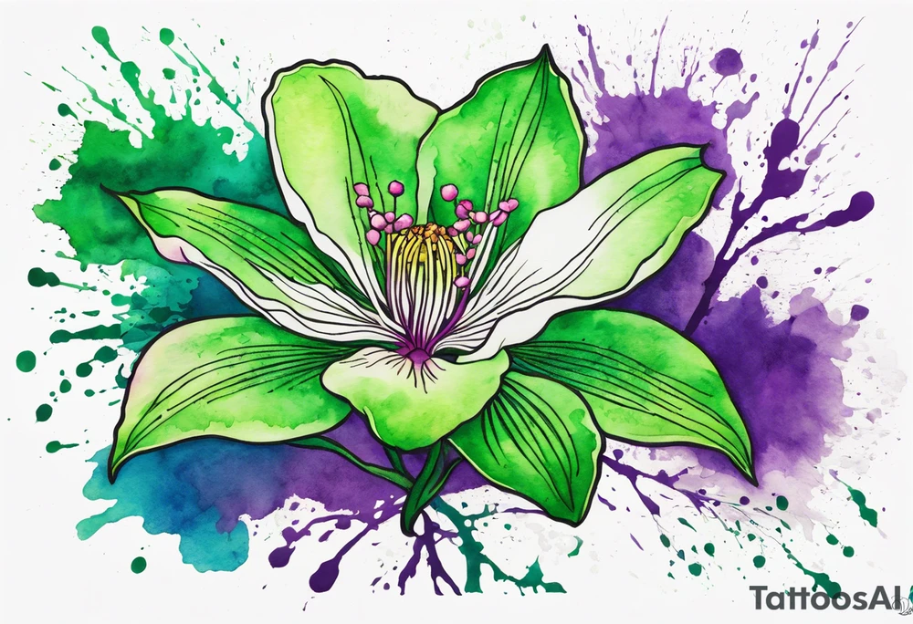 An outline of a green rio dipladenia flower and a green and purple watercolor splash in the background tattoo idea