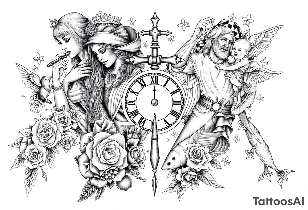 Roulette casino and princess and jesus on cross, baby angels, roses and clock and stars and fish tattoo idea