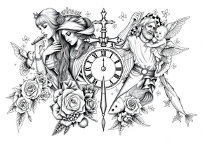 Roulette casino and princess and jesus on cross, baby angels, roses and clock and stars and fish tattoo idea