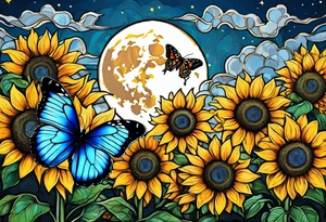 Full moon, blue morpho butterflies and sunflowers. tattoo idea
