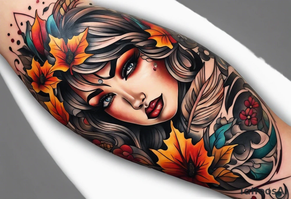 Arm Sleeve Tattoo with fall colors flat tattoo idea