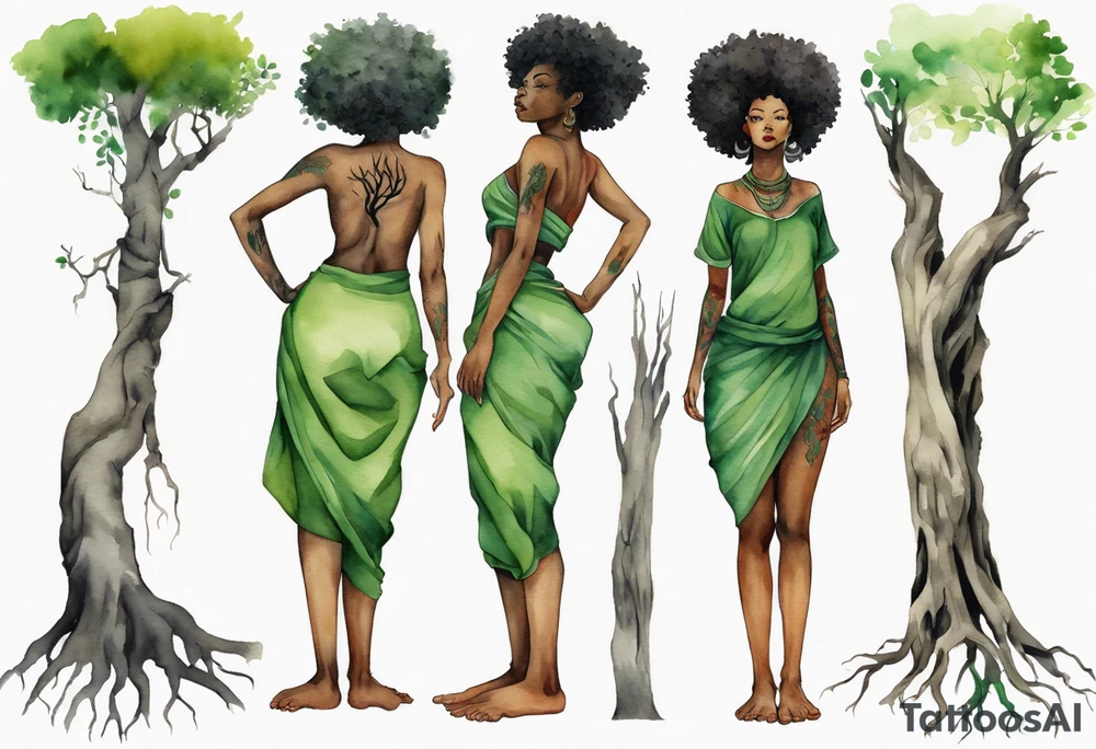 a tree trunk with roots that is a black woman from the waist up, feet made of tree roots, wearing a green tunic, arms reaching upward tattoo idea