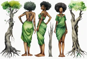 a tree trunk with roots that is a black woman from the waist up, feet made of tree roots, wearing a green tunic, arms reaching upward tattoo idea
