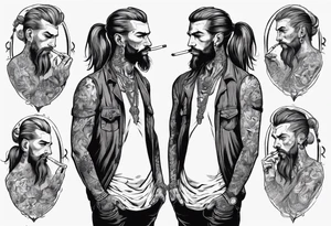 A man standing full-length, with long hair in a ponytail, no beard, smoking a cigarette, with earrings in his ears, no headgear tattoo idea