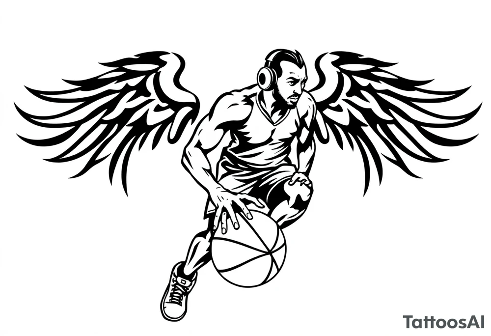 A guy dribbling a basketball with headphones on tattoo idea