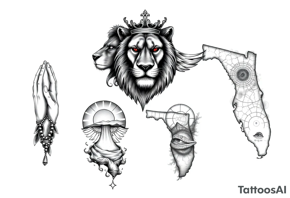 "Design a full arm sleeve tattoo for a man. The top of the arm should feature a realistic lion head with glowing red eyes and a crown, symbolizing strength and protection. On the inner bicep, include a tribute to grandparents with a pair of praying hands (one male, one female), a rosary, and angel wings behind them. On the outer forearm, include an outline of Florida, filled with a Central Florida sunrise, orange tree roots, and a hidden gator eye-something unique and detailed. On the inner forearm, design a stylized Aquarius theme with the Aquarius water bearer pouring cosmic water into a galaxy or stars. Blend all areas together with smoke, waves, and cracked textures for a cohesive, masculine flow. Include area code '863' subtly somewhere in the Florida section." tattoo idea