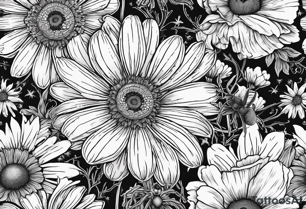 Sweet Pea Marigold cosmos daisy with a spider and a buffterly with a sun and moon tattoo idea