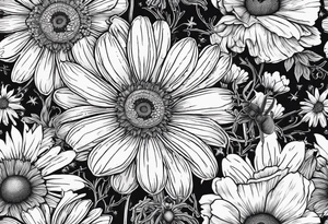 Sweet Pea Marigold cosmos daisy with a spider and a buffterly with a sun and moon tattoo idea