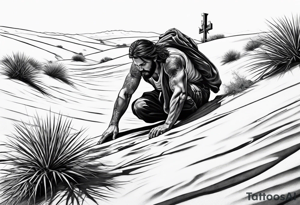 man crawling in a desert toward the cross of Christ tattoo idea