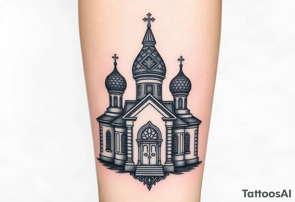 in a dorsal view a detailed medium sized country style orthodox church with onion domes and a band at the front with mist shrouding the top and fading into a virgin mary overlooking above at the top tattoo idea