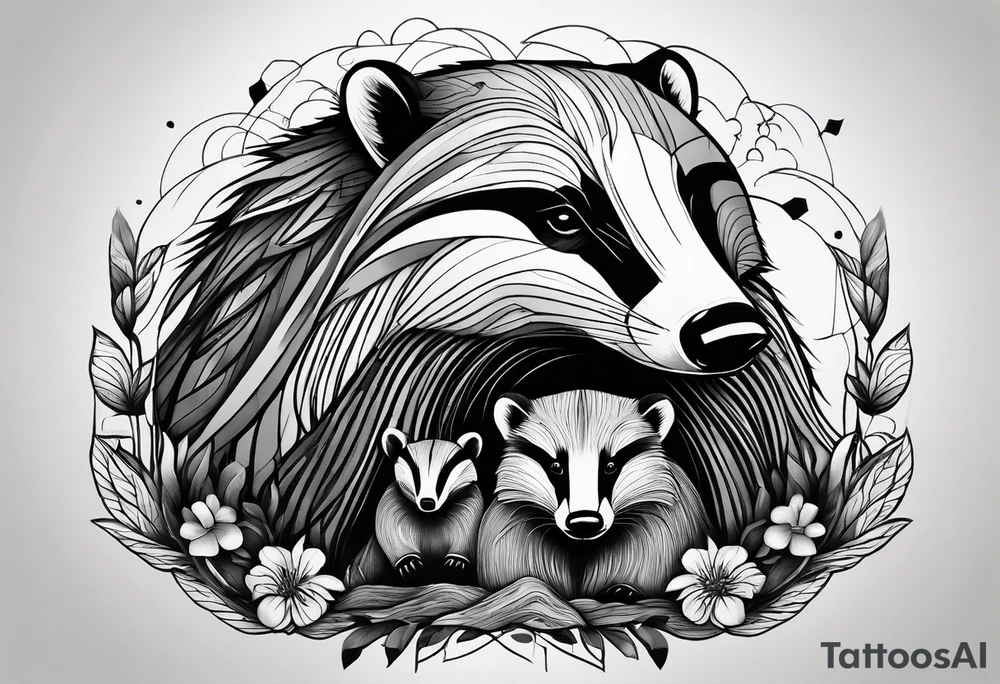 A badger with a cub in nature, realistic in center and getting more trippy towards the edges tattoo idea