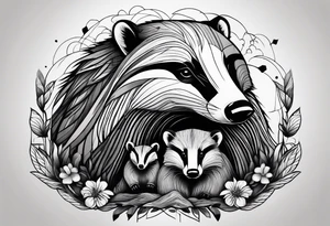 A badger with a cub in nature, realistic in center and getting more trippy towards the edges tattoo idea