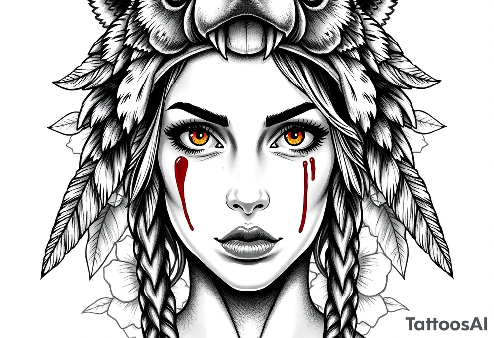 Symmetrical Beautiful Woman, looking forward, with colored eyes, shedding a tear, with battle scars and blood on face, with soft look, wearing a mean looking bear headdress on head, with flower background tattoo idea