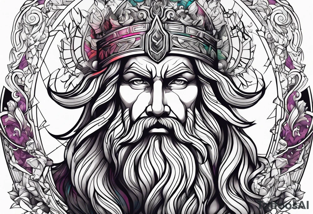 powerful majestic zeus, colorful tattoo idea