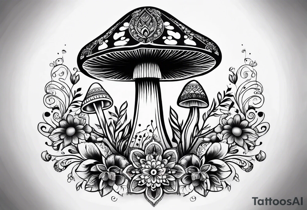 Black mushroom tattoo with henna style mandala design surrounding it tattoo idea