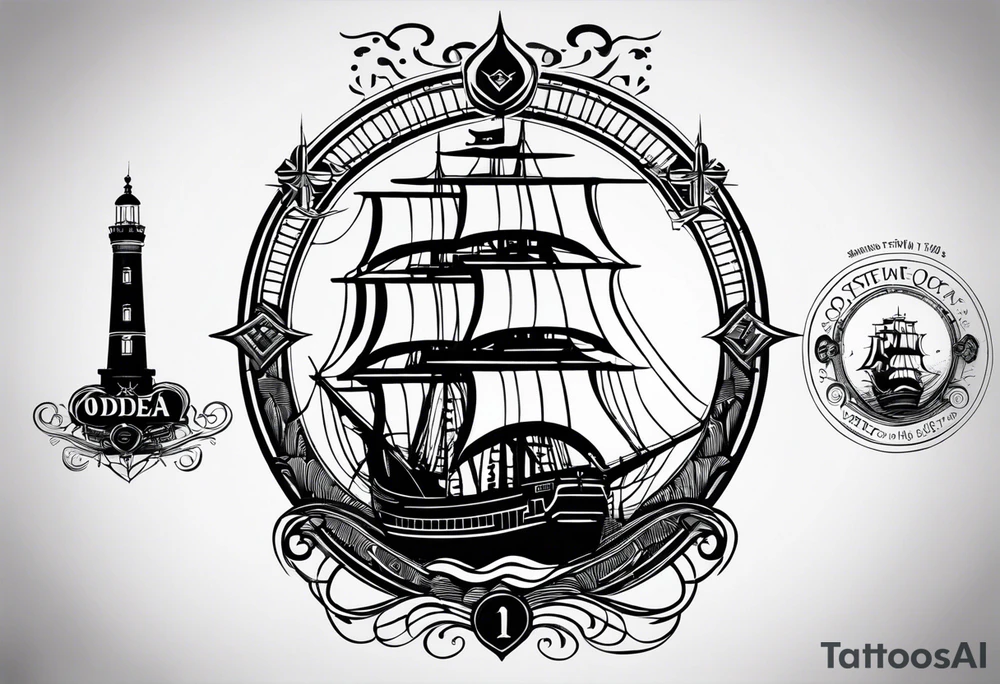 This tattoo depicts the city of Odesa. The main symbols of this city are a ship's wheel, a lighthouse, the Potemkin Stairs, and the sea. The placement of the tattoo is on the front of the thigh. tattoo idea