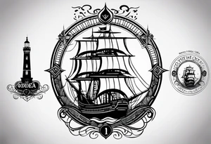 This tattoo depicts the city of Odesa. The main symbols of this city are a ship's wheel, a lighthouse, the Potemkin Stairs, and the sea. The placement of the tattoo is on the front of the thigh. tattoo idea