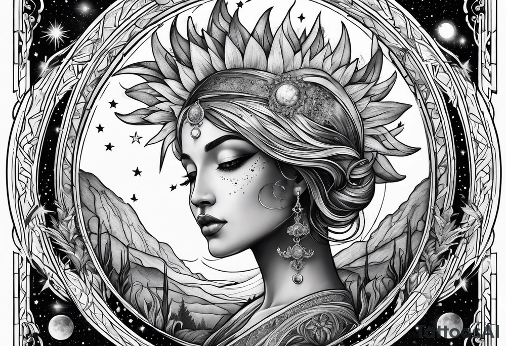 Mother earth celestial stars moon sun tattoo idea