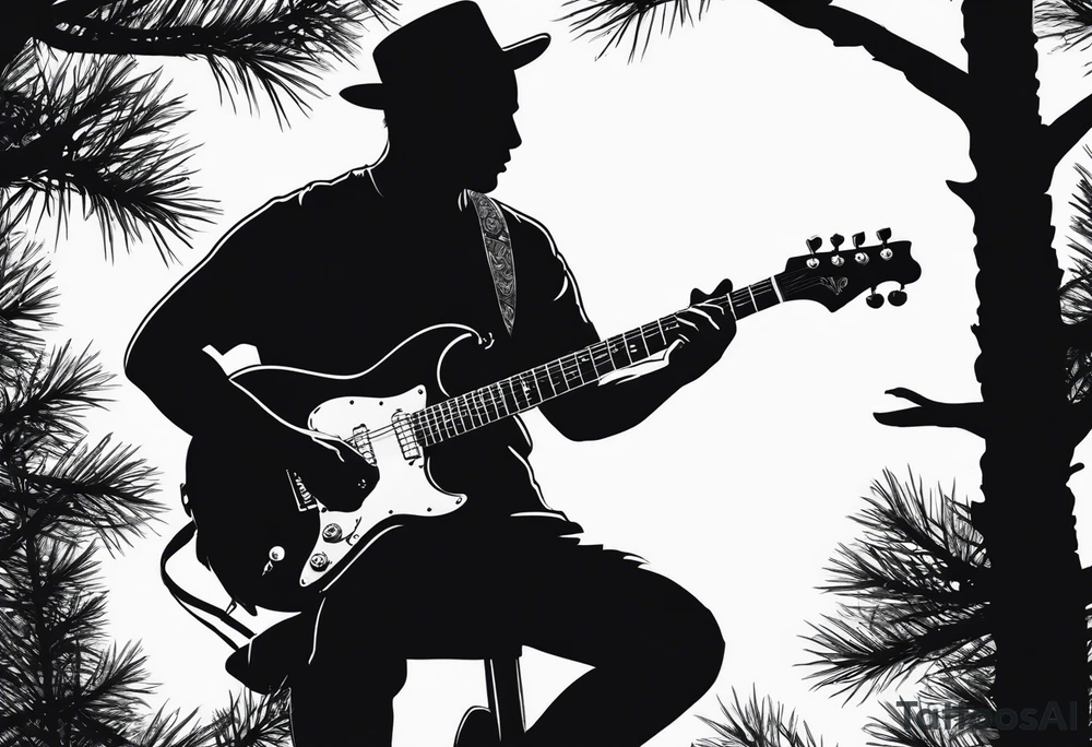 silhouette of a man playing electric guitar while sitting in a pine tree. tattoo idea