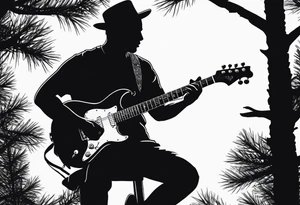 silhouette of a man playing electric guitar while sitting in a pine tree. tattoo idea