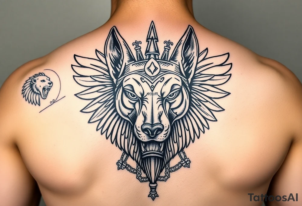 Egyptian Anubis god face muscle in Egypt style dog face surrounded Egyptian symbols and lions tattoo idea