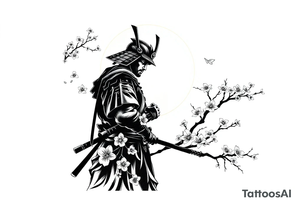 noble samurai warrior silhouette at sunset with cherry blossoms tattoo idea