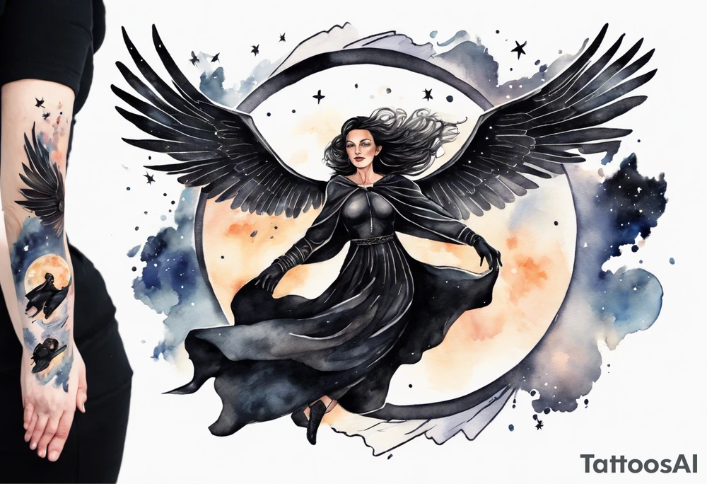 a beautiful 45 year old woman flying in the night sky with black wings, wearing a black cloak and black gloves, bare feet tattoo idea