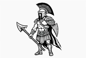 greek warrior wearing a Corinthian helmet weilding an axe tattoo idea