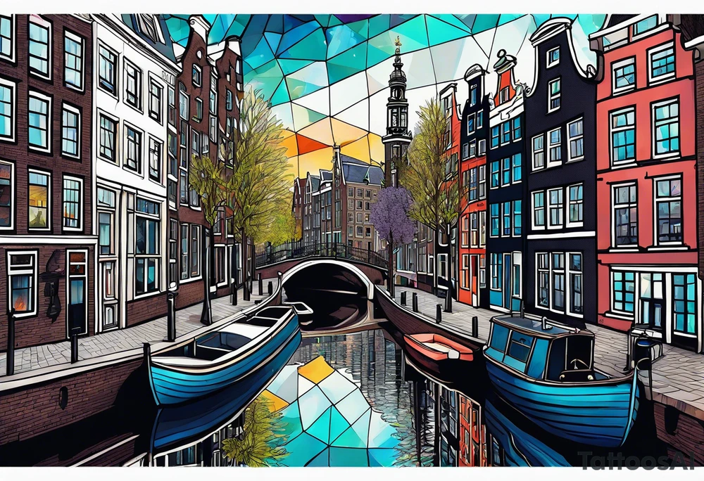 Amsterdam buildings and canal featuring animals in galaxy colours featuring glass tattoo idea