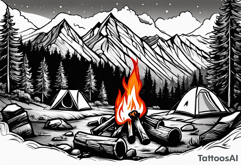 small camp fire at the base of a mountain tattoo idea
