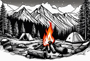 small camp fire at the base of a mountain tattoo idea