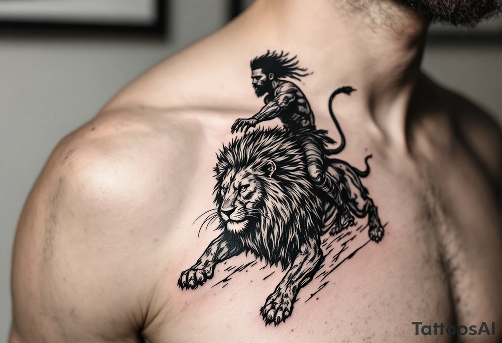 Black man riding on top of lion into battle tattoo idea