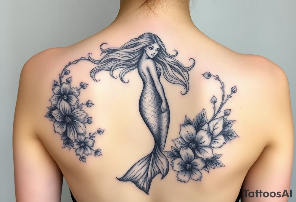 ethereal mermaid with flowing hair among coral and sea flowers and snakes around tattoo idea