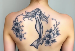 ethereal mermaid with flowing hair among coral and sea flowers and snakes around tattoo idea