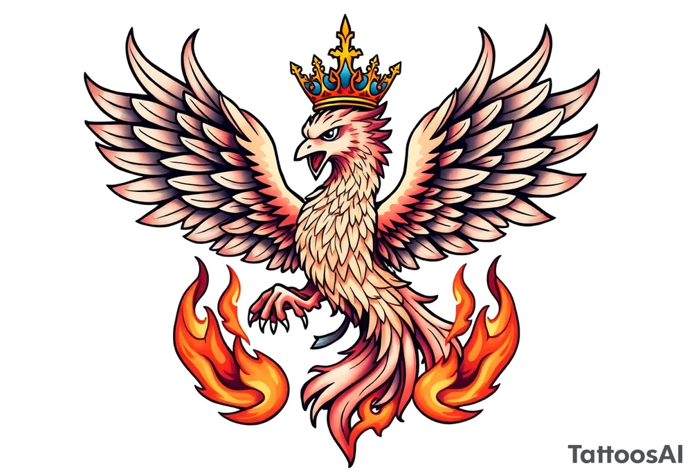 powerful majestic Phoenix with crown, surrounded by flames tattoo idea
